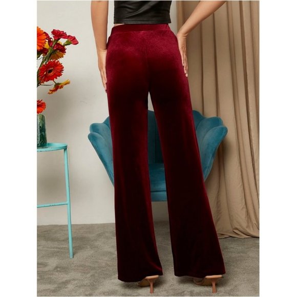 Velvet wide legged Pants Classy Contemporary Burgundy Maroon - Picture 6 of 7